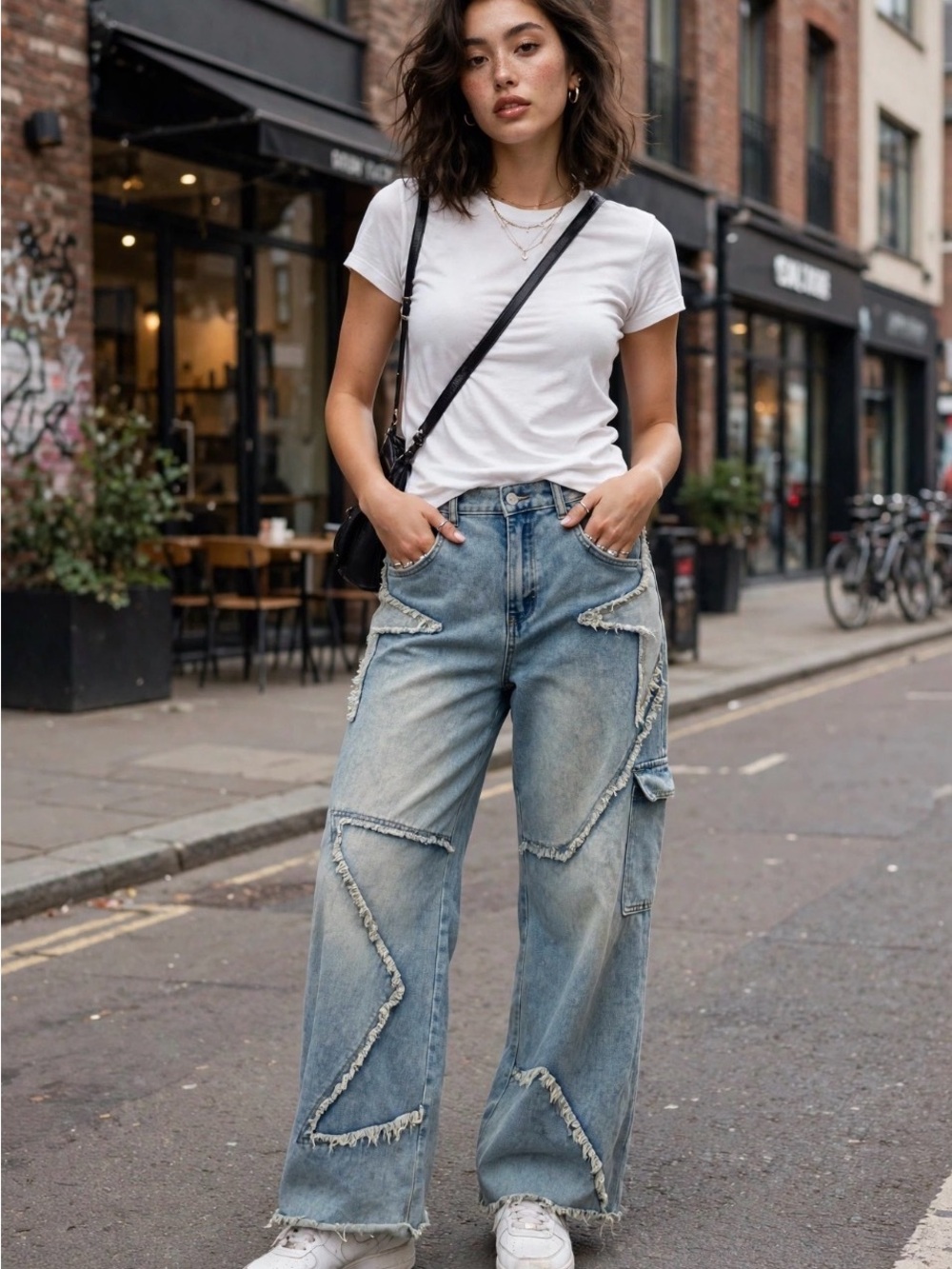 Y2K Wide Leg Distressed Patchwork Star Jeans - Light Blue - Frayed Raw Edge